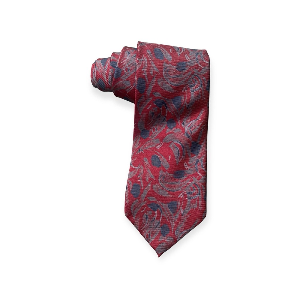 Vintage Krizia Uomo Red/Navy/Grey Abstract Art Print Men's Tie (58" L x 3.5"‎ W)